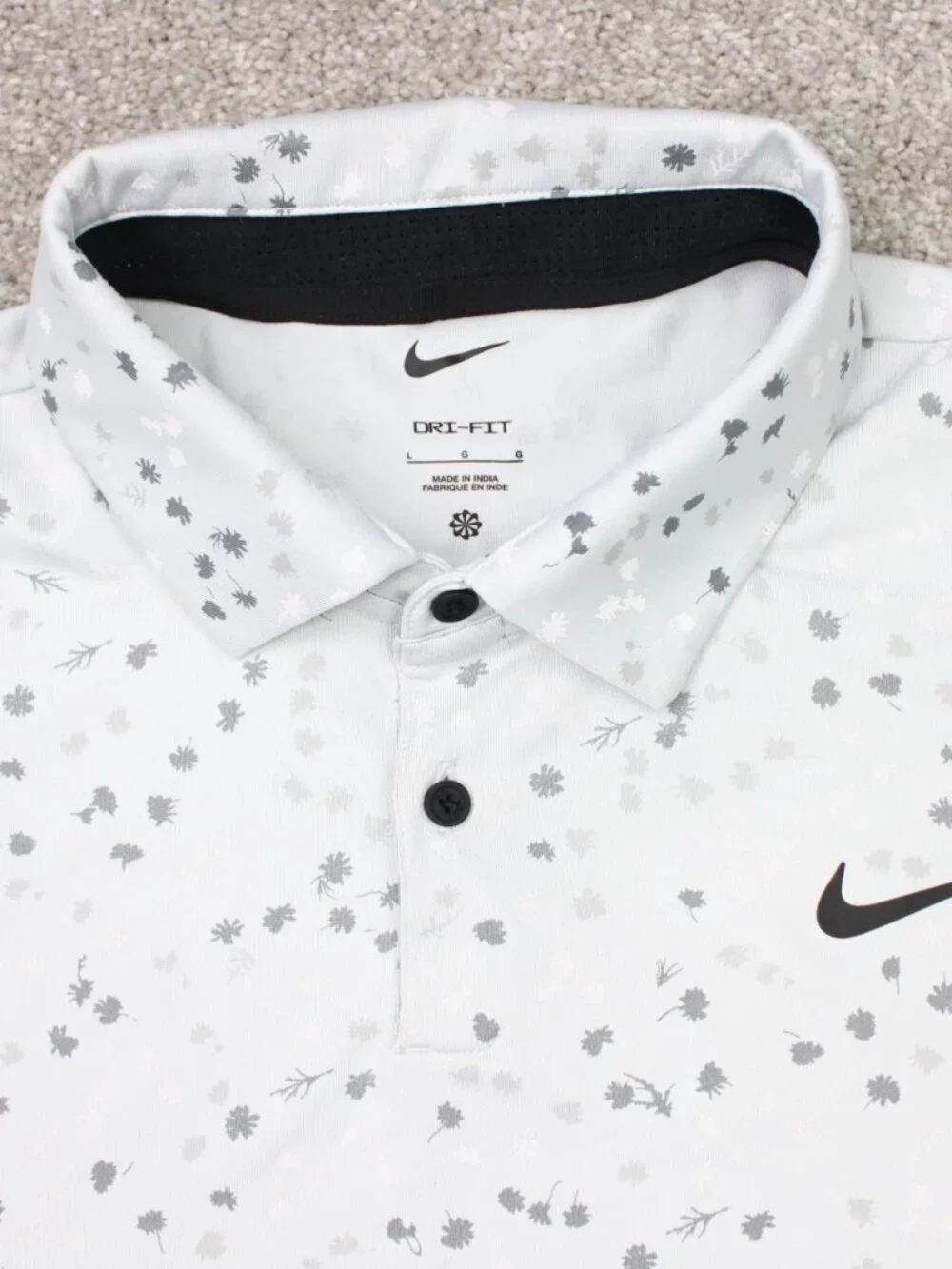 Nike Polo Shirt Mens Large White/Gray All Over Print Dri-Fit Golf Short Sleeve